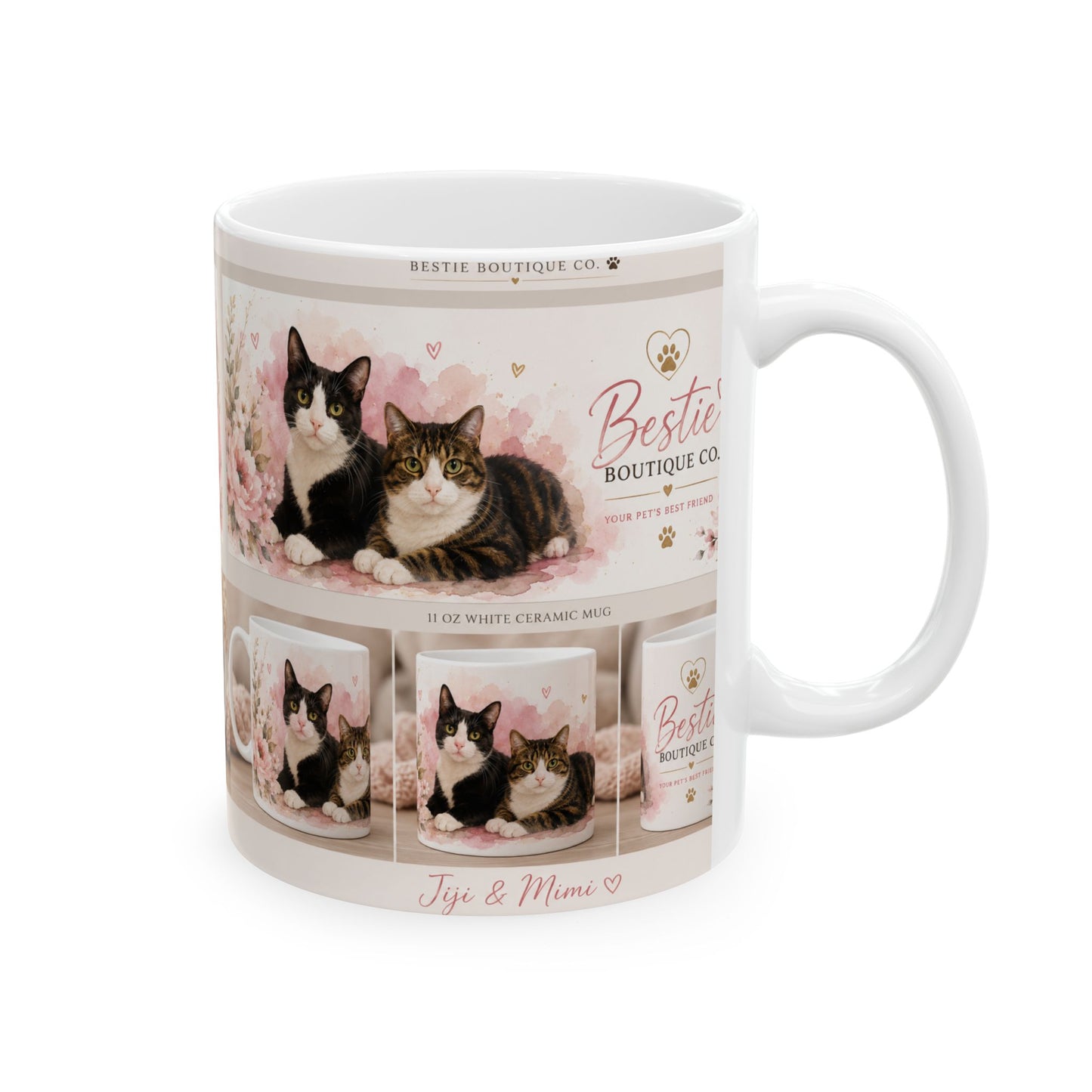Floral Pet Lover Ceramic Mug — "Bestie Boutique Co. Mimi &Jiji & Pink Flower Design (11oz/15oz)