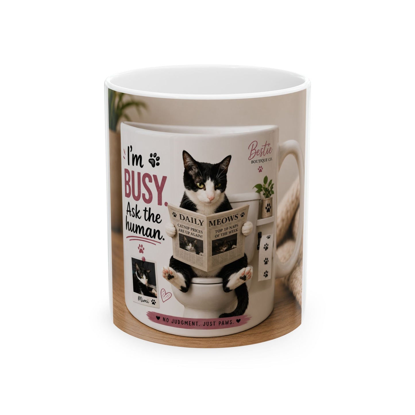 Cat Coffee Mug — "I’m Busy, Ask the Human" Ceramic Tea Cup (11oz/15oz)