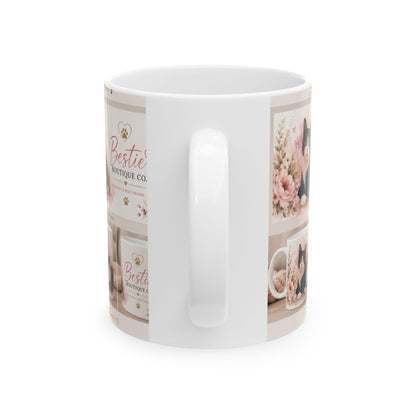 Floral Pet Lover Ceramic Mug — "Bestie Boutique Co. Mimi &Jiji & Pink Flower Design (11oz/15oz)