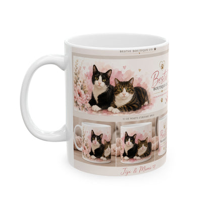 Floral Pet Lover Ceramic Mug — "Bestie Boutique Co. Mimi &Jiji & Pink Flower Design (11oz/15oz)
