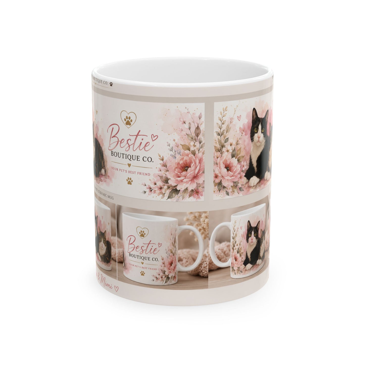 Floral Pet Lover Ceramic Mug — "Bestie Boutique Co. Mimi &Jiji & Pink Flower Design (11oz/15oz)