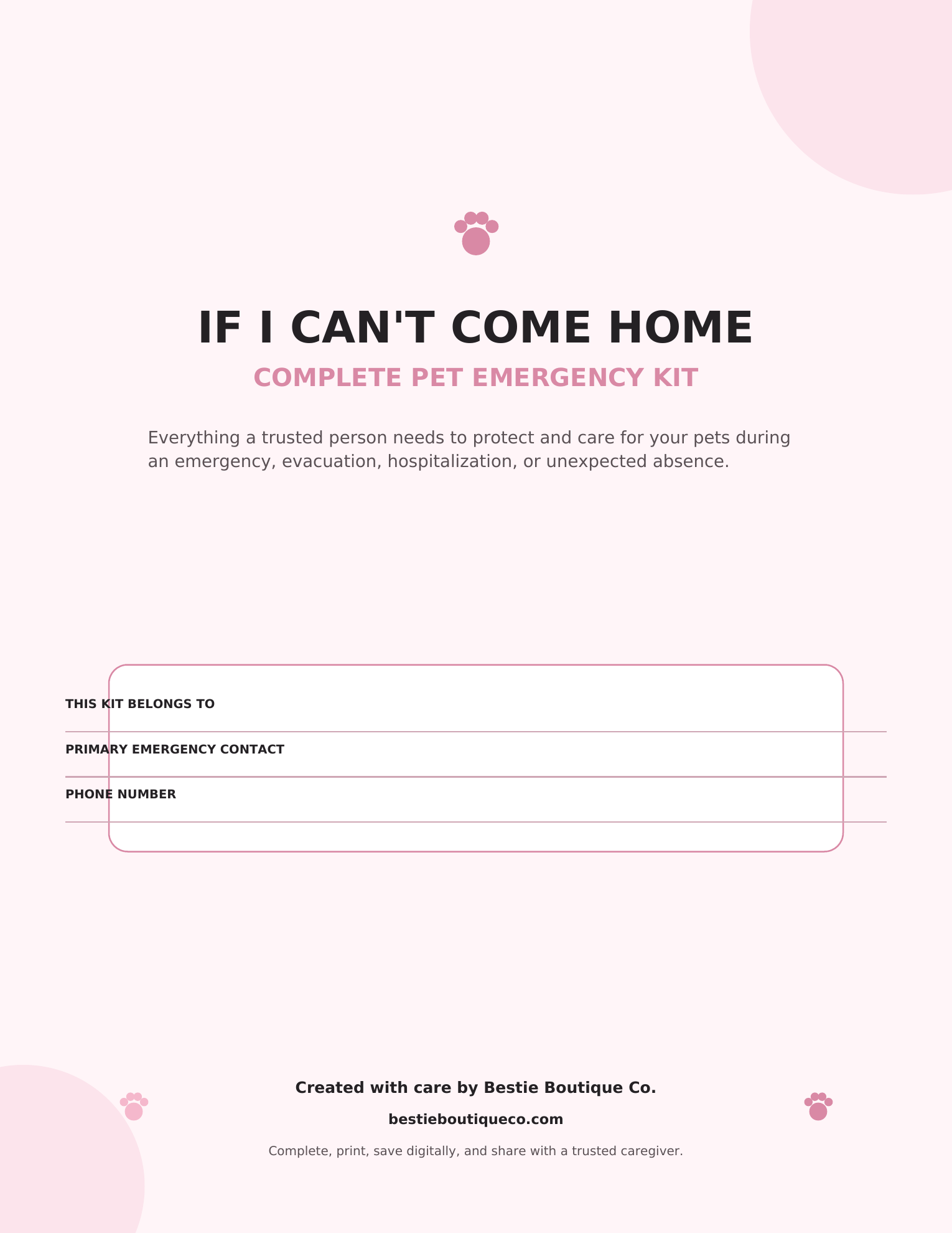 If I Can’t Come Home – Complete 18-Page Pet Emergency Kit – BESTIE ...