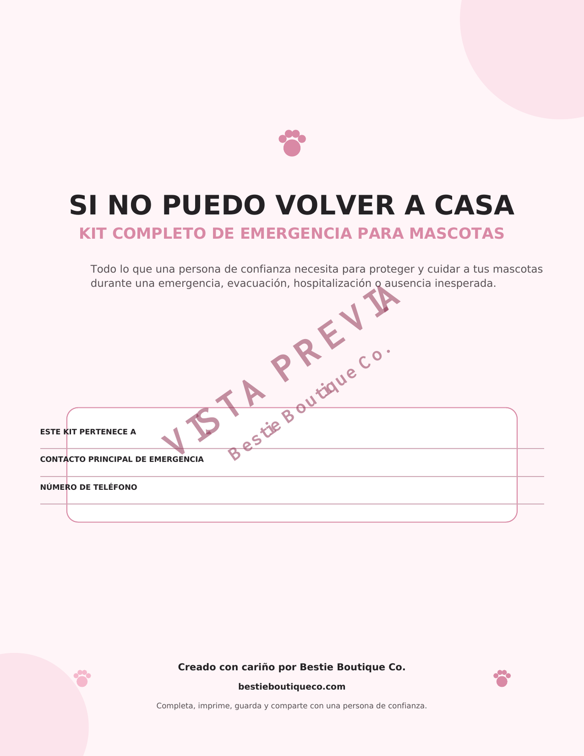 Si no puedo volver a casa – Kit de emergencia para el cuidado de mascotas | Español