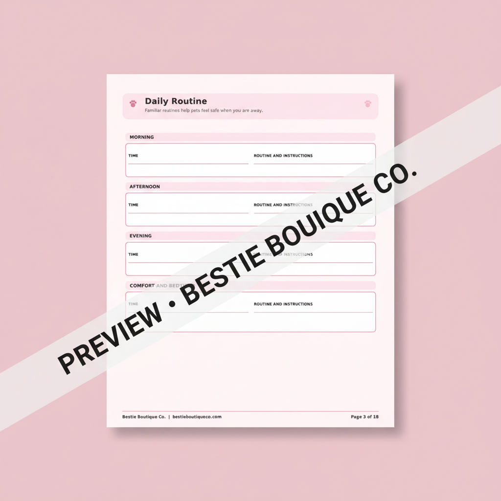 Watermarked preview of the Daily Routine page from the Bestie Boutique Co. pet emergency kit
