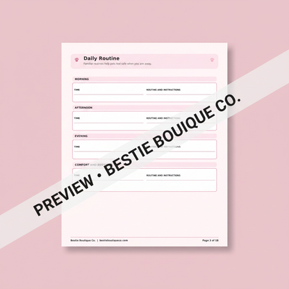 Watermarked preview of the Daily Routine page from the Bestie Boutique Co. pet emergency kit