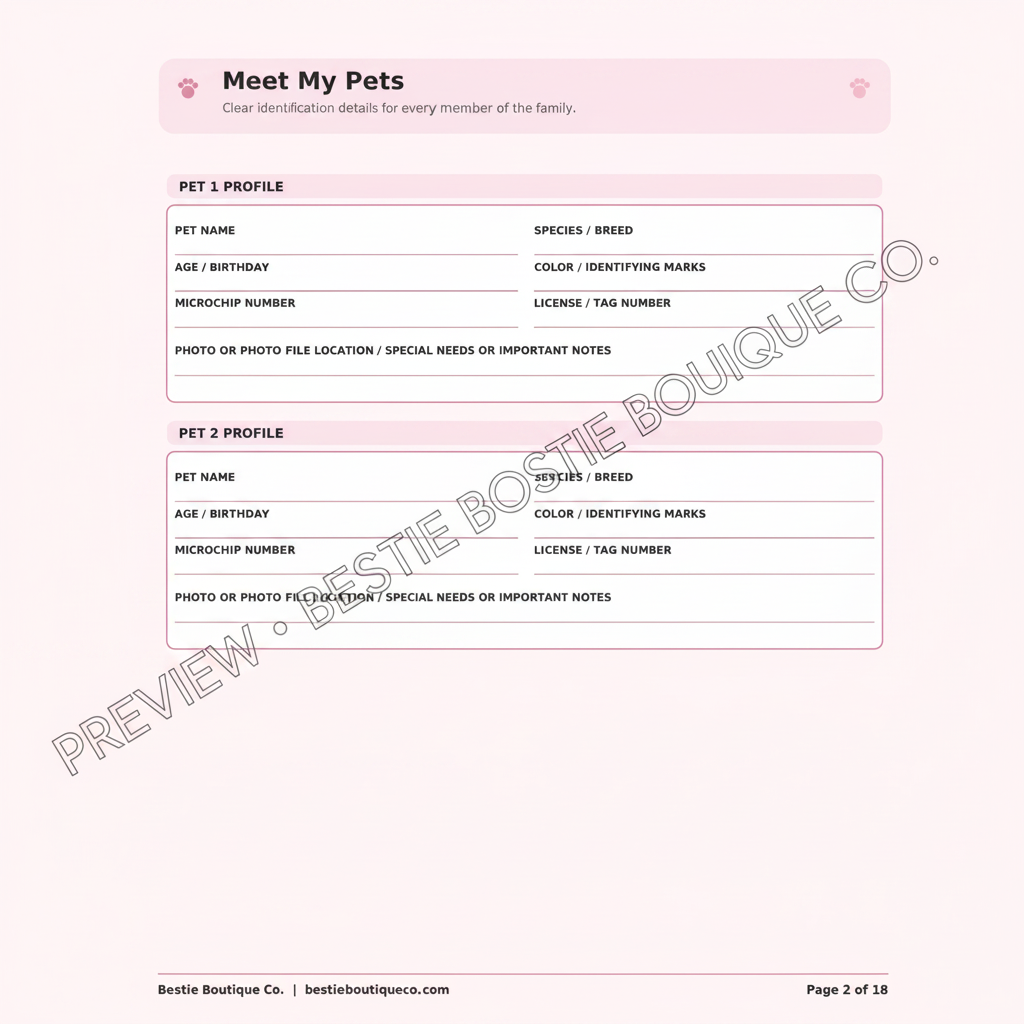 Watermarked preview of the Meet My Pets page from the Bestie Boutique Co. pet emergency kit