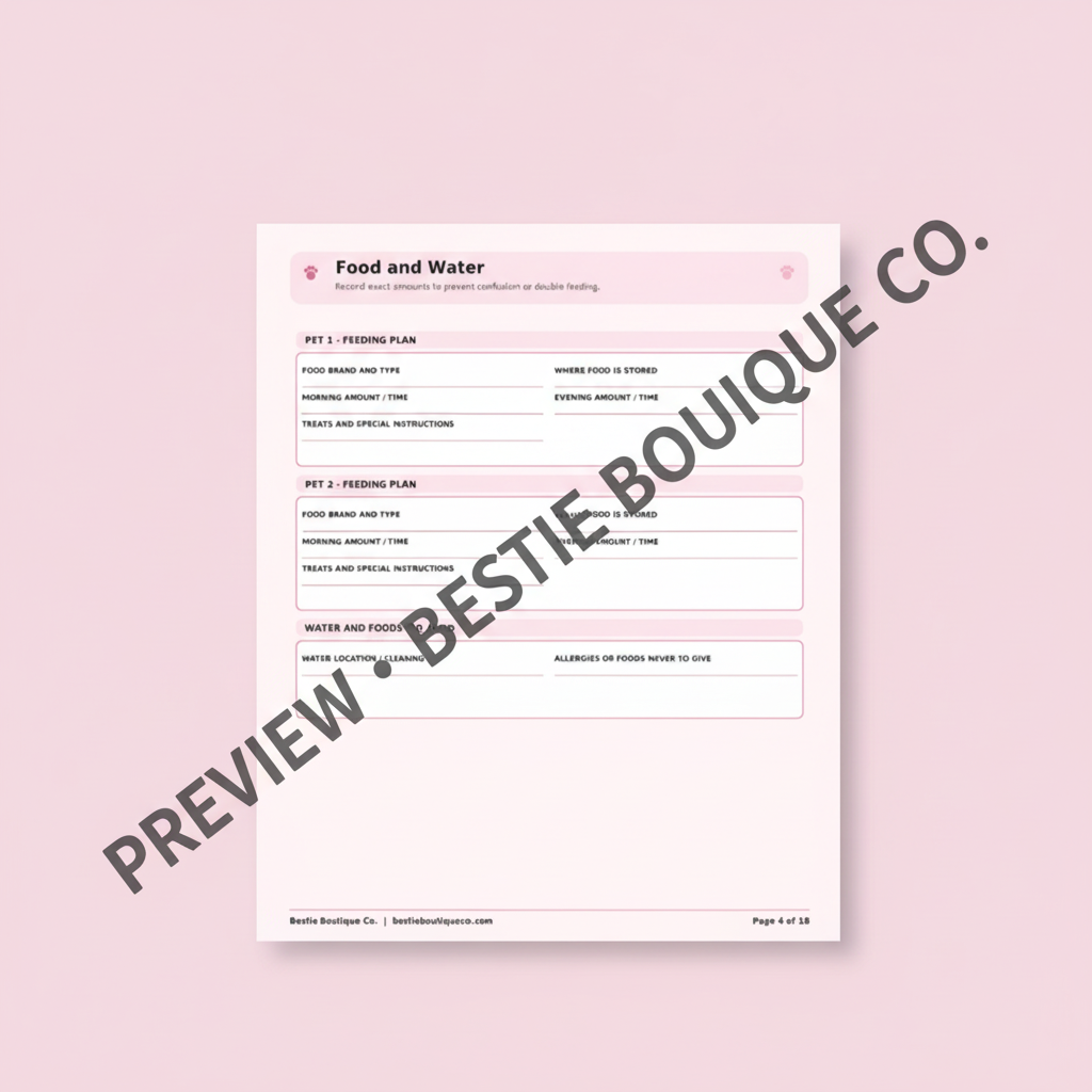 Watermarked preview of the Food and Water page from the Bestie Boutique Co. pet emergency kit