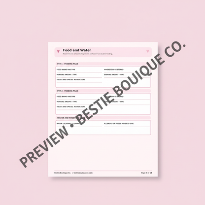 Watermarked preview of the Food and Water page from the Bestie Boutique Co. pet emergency kit