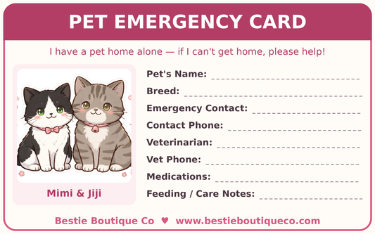 FREE Pet Emergency Wallet Card - printable card with Mimi and Jiji, fill in your pet emergency contacts