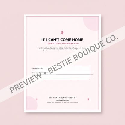 Watermarked cover preview of the Bestie Boutique Co. If I Can’t Come Home pet emergency kit