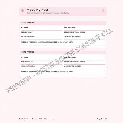 Watermarked preview of the Meet My Pets page from the Bestie Boutique Co. pet emergency kit